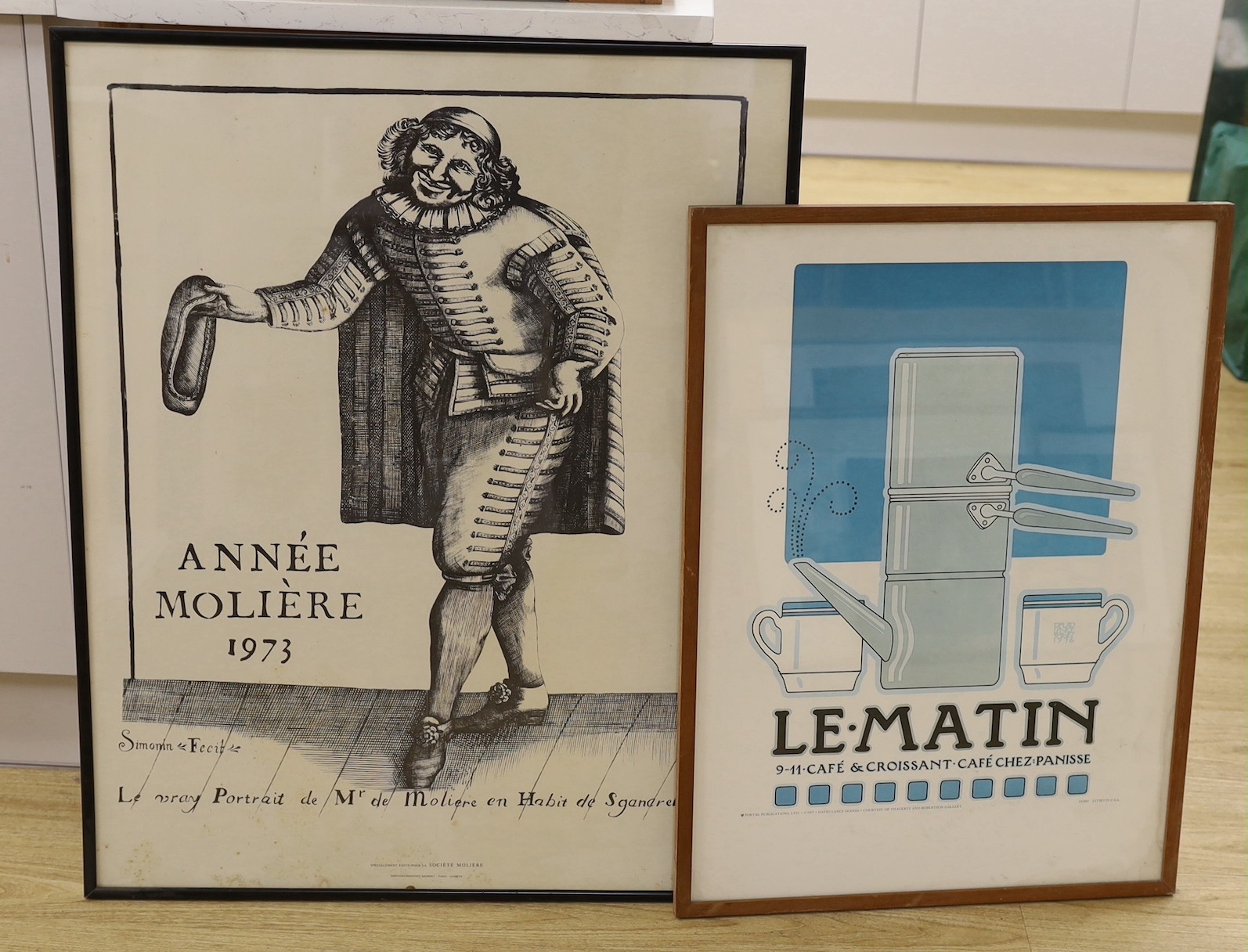 A French Année Molière 1973 Jean-Baptiste Poquelin framed film poster, together with a David Lance Goines ‘Le Matin’ 1976 poster. Largest 88 x 71cm